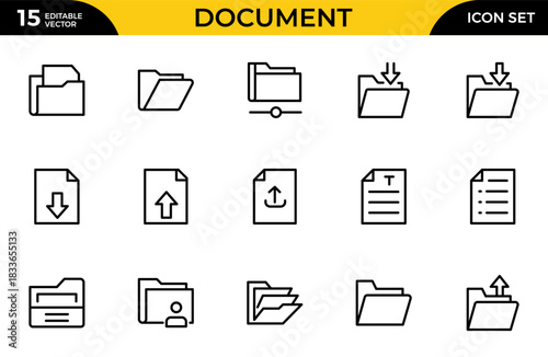 Document Line Icon Set. Contains such icons as File, Folder, Download, Archive, Clipboard. Thin outline icons pack. Vector illustration