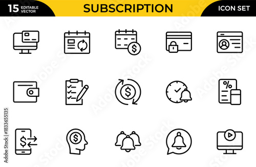 Subscription line icon set. The set includes a Subscription, Newsletter, Newspaper, Reminder. Thin outline icons pack. Vector illustration
