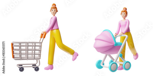 Mother is walking with a stroller, baby carriage, woman with shopping cart, trolley, cartoon vector 3D set isolated