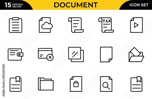 Document Line Icon Set. Contains such icons as File, Folder, Download, Archive, Clipboard. Thin outline icons pack. Vector illustration