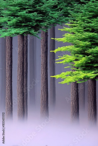 A serene landscape of tall trees in a misty forest, creating a tranquil and atmospheric scene.