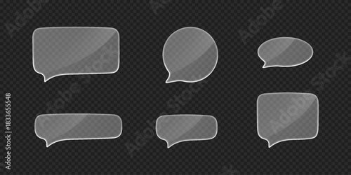 3D speech bubbles in glass morphism style vector set, circle, oval, rectangle message text transparent matt frames