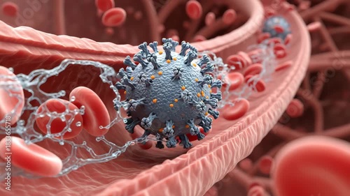 3d rendered illustration of a coronavirus inside a blood vessel with red blood cells