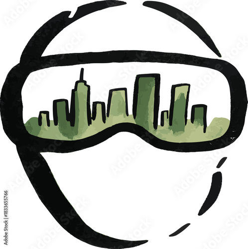 Vector icon of a person wearing virtual reality goggles with a green cityscape inside the lenses
