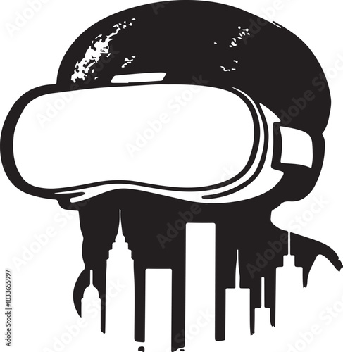 Vector silhouette of a person wearing a virtual reality headset over a cityscape for immersive experience