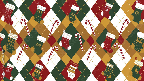 Festive argyle pattern featuring Christmas stockings and candy canes in red, green, gold, and white.