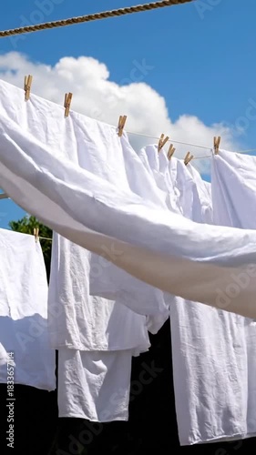 Clean white laundry drying on a clothesline against a bright blue sky with clouds