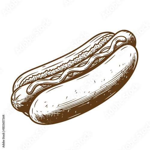 A delicious hand drawn sketch vintage hot dog with mustard and pickles on white