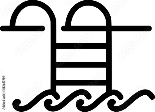 Simple Black Line Icon of Swimming Pool Ladder in Water