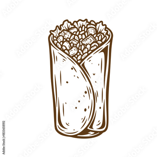 Artistic sketch illustration of a delicious mexican burrito with savory filling and brown outline