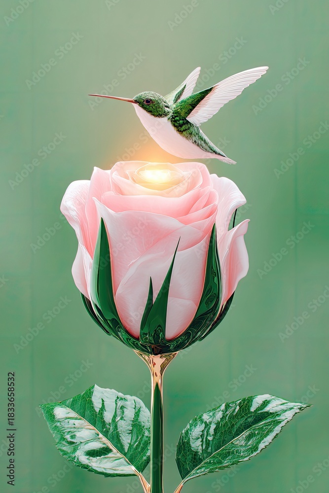 Fototapeta premium A hummingbird hovers above a pink rose with a green background. The image has a soft, artistic feel.