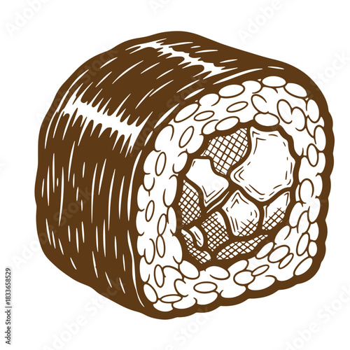 Artistic sketch illustration of a delicious sushi roll with rice and fillings in brown color
