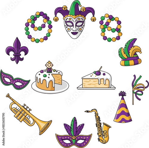 Mardi Gras Carnival Icons Jester Mask King Cake