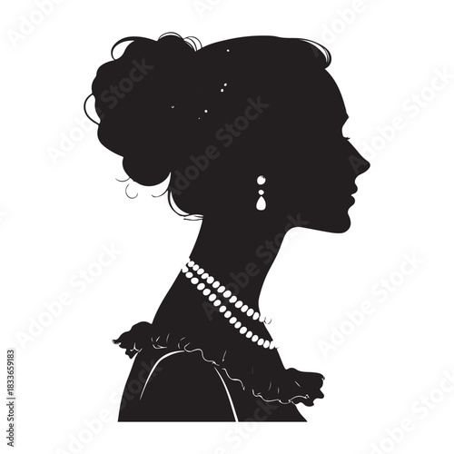 Elegant woman's silhouette in profile, adorned with classic pearl jewelry Vector
