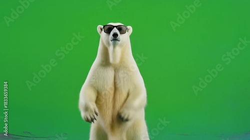 A stylish arctic polar bear in cool sunglasses dancing on a green screen, ready for compositing and video effects
