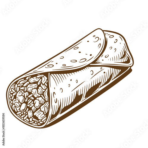Delicious hand drawn vintage sketch of a fully packed burrito ready to eat mexican food