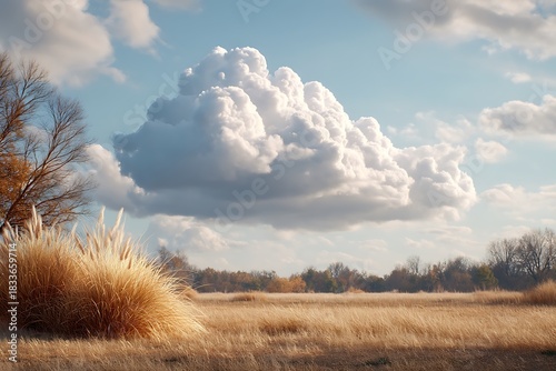 Soft Clouds Over a Tranquil Meadow with Tall Grass and Trees