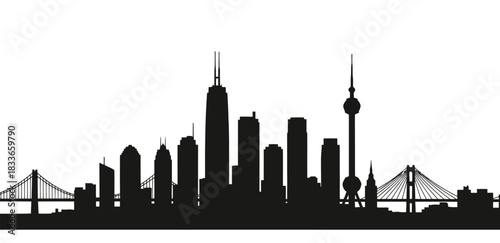 Bold black urban city skyline silhouette featuring modern high rise buildings and iconic bridges against a clean simple white background
