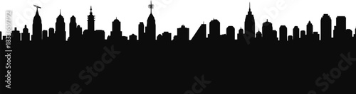 Seamless repeating pattern of a long panoramic cityscape silhouette with diverse building structures creating a continuous urban skyline background