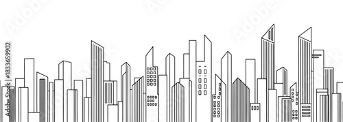 Minimalist linear cityscape silhouette featuring simple geometric buildings and precise straight lines ideal for modern architectural and urban design projects
