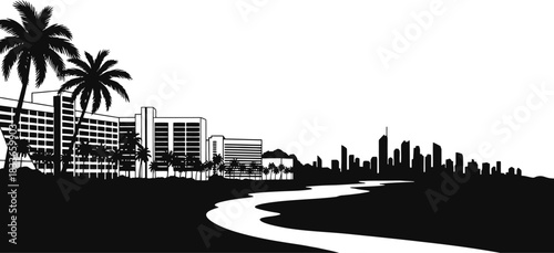 Striking black and white silhouette of a tropical cityscape featuring palm trees beachfront hotels and a distant skyline on a clean white background