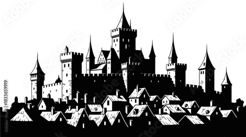 Historic medieval town silhouette featuring imposing castle walls slender towers and charmingly rustic rooftops perfect for historical designs