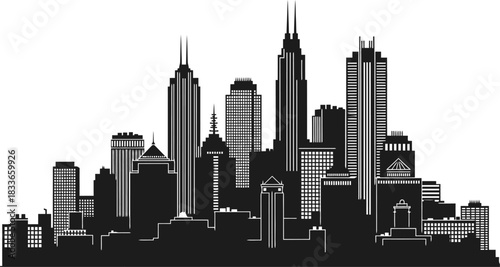 A compact modern downtown city skyline silhouette featuring tall narrow skyscrapers and rooftop details rendered in a clean vector graphic style