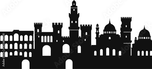 Ancient city skyline silhouette featuring grand arches imposing stone towers and elegant domed structures evoking historical architecture and classical urban design