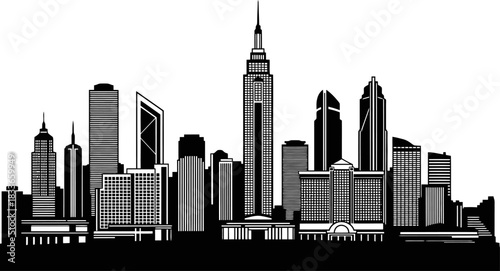 Bold black and white wide modern city skyline silhouette with prominent business towers hotels and a central landmark