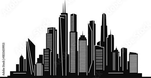Minimalist business city center silhouette featuring modern tall towers and hotels with clean geometric architectural lines ideal for corporate branding