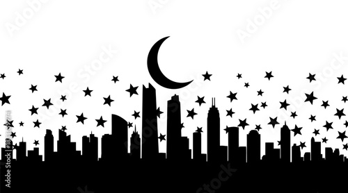 Captivating night cityscape silhouette featuring a luminous moon outline and twinkling star shapes behind a dramatic array of tall modern buildings