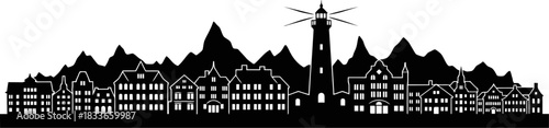 Nordic city skyline silhouette with sharp rooftops a prominent lighthouse and distinctive fjord inspired outlines creating a serene coastal landscape illustration