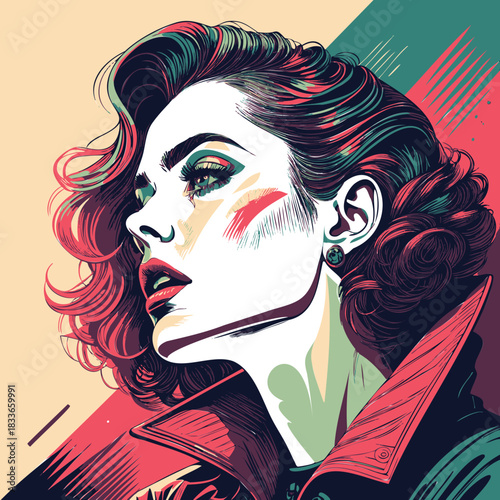 Radiant Diva: A captivating woman with striking features, exuding elegance and style with vibrant makeup and a timeless aesthetic. 