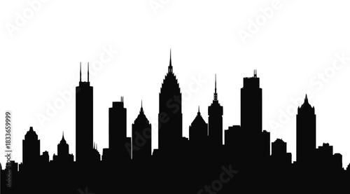 Modern downtown cityscape silhouette featuring a dense collection of tall slender buildings with intricate rooftop architectural details against a clean background