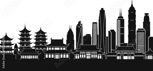 Diverse asian cityscape silhouette blending traditional pagodas ancient temples and futuristic modern towers against a clean white background