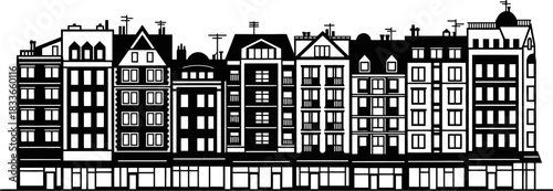 Minimalist urban cityscape silhouette featuring repeating architectural facades storefronts and diverse rooftop designs suitable for graphic design and illustration projects