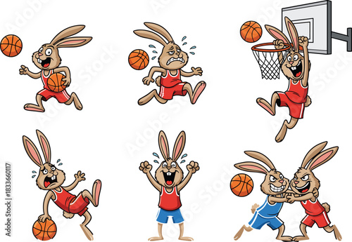 Cartoon basketball bunnies in action, funny rabbit characters playing, dunking, competing, dribbling, and showing emotions during intense sports game.