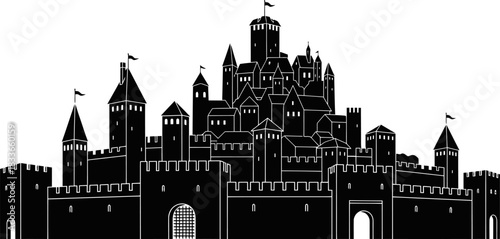Ancient fortified medieval city silhouette with imposing gates tall watchtowers and strong fortress outlines presented as a solid black graphic on a clean white background
