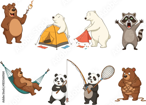 Cartoon bears pandas raccoon camping, fishing, relaxing, roasting marshmallows, funny animals outdoor adventure, wildlife activity, kids illustration, forest fun