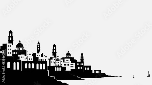 Minimalist mediterranean cityscape silhouette featuring flat roofs classic arches and charming seaside buildings under a clear sky