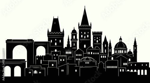 Silhouette of an ancient city skyline featuring grand arches imposing stone towers and elegant domed structures against a clear backdrop