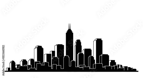 Minimalist downtown city skyline illustration featuring simple rectangular skyscrapers with clean rooftop lines perfect for urban design projects