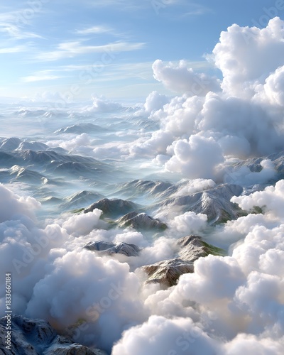 Serene Mountain Landscape with Majestic Clouds in Blue Sky