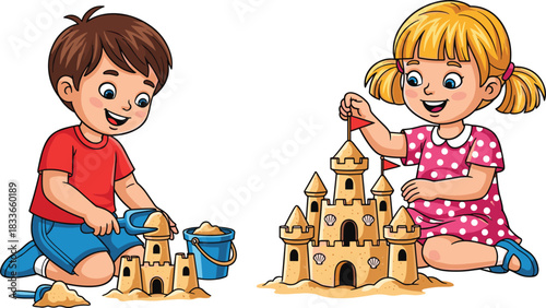 Cartoon boy and girl building sandcastles, happy children playing, summer beach fun, seaside vacation activity, kids outdoor playtime, sand toys