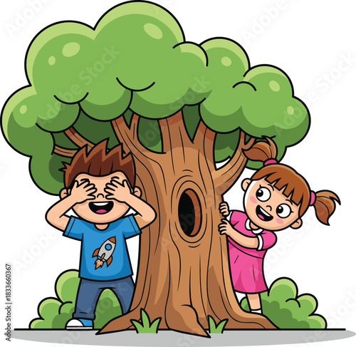 Cartoon boy and girl playing hide and seek behind tree, outdoor fun, kids game, happy children, nature background, joyful 
