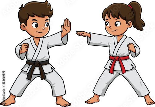 Cartoon boy and girl practicing martial arts in karate uniforms, red and brown belts, training in defensive and offensive stances