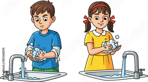 Cartoon boy and girl washing hands, hygiene, handwashing, sink, soap, bubbles, clean hands, health care, virus prevention, cleanliness