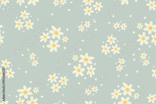 Soft pastel daisies scatter across a muted green background, creating a calm, charming floral pattern perfect for textiles, wallpapers, and spring-themed designs.

