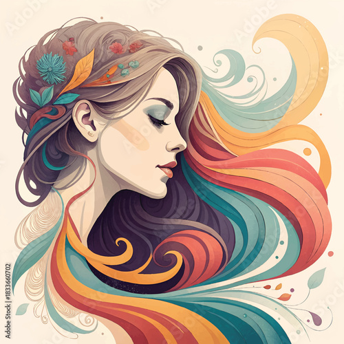 Harmony and Grace: A portrait of a woman with long, flowing hair adorned with floral accents, embodying elegance, tranquility, and natural beauty. 