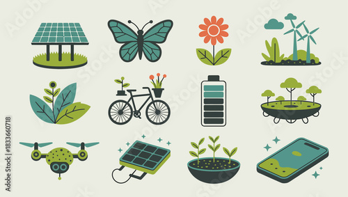 Twelve flat design icons representing eco-friendly technology and nature on a light background